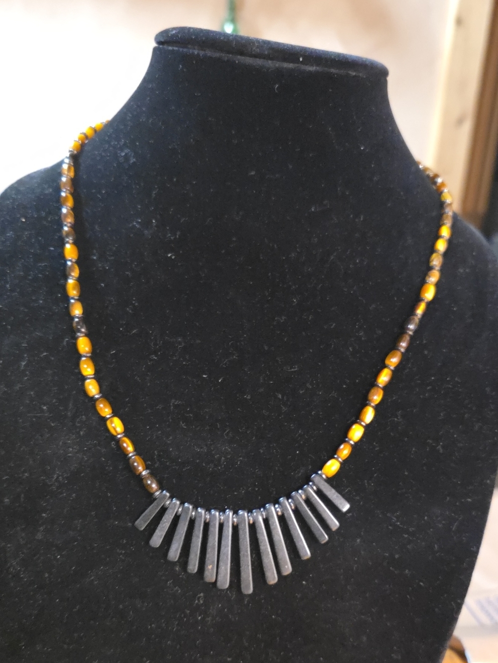 Handmade Tigers Eye Bead Necklace with Gunmetal Fringe